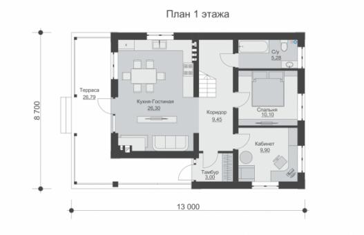 Одноэтажный жилой дом с мансардой, террасой и балконом